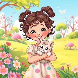 A delightful illustration of a little girl holding her cute kitten, both radiating happiness
