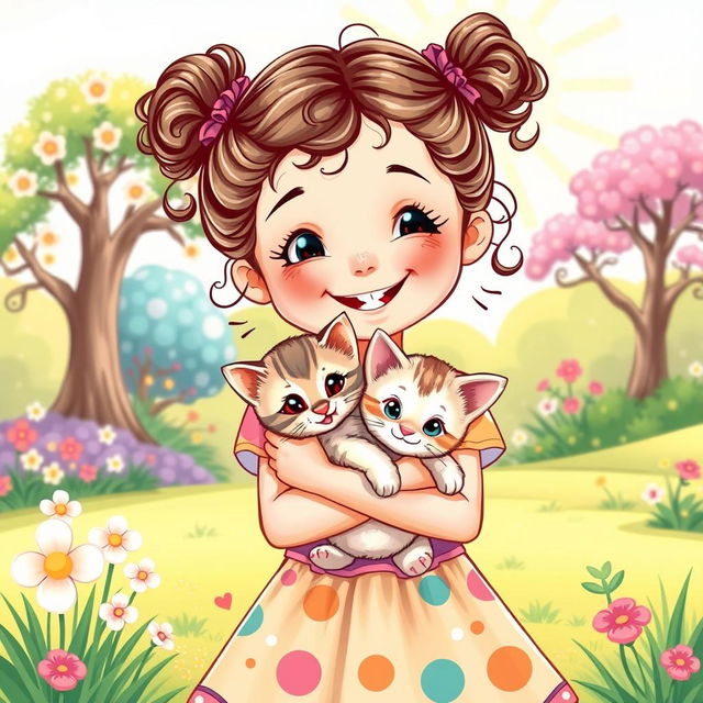 A delightful illustration of a little girl holding her cute kitten, both radiating happiness