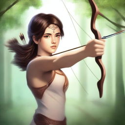 This high-quality digital art image portrays a breathtakingly beautiful goddess of archery with brown hair styled in a boy's haircut