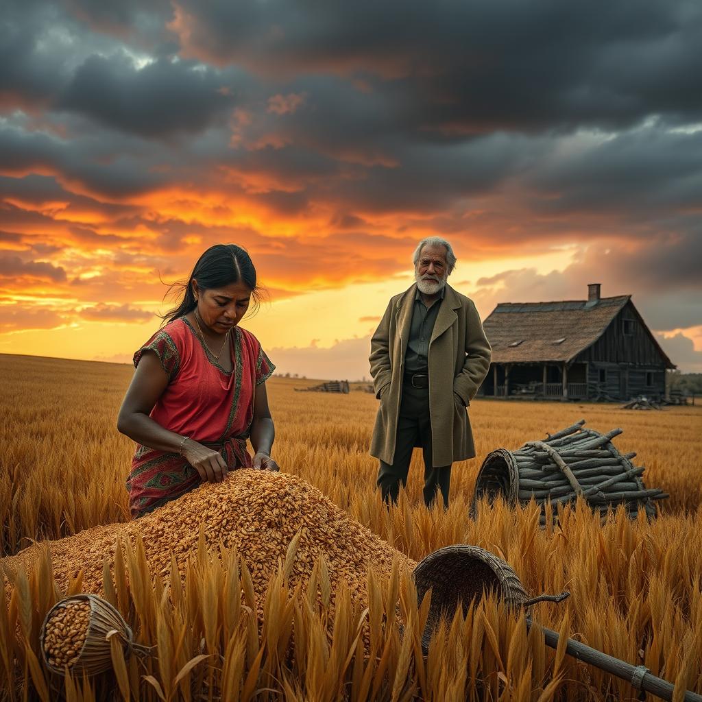 A scene depicting a woman roasting grains on a vast golden field, with a rustic farmhouse in the background representing the landlord's land