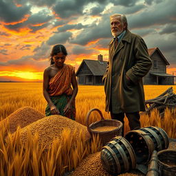 A scene depicting a woman roasting grains on a vast golden field, with a rustic farmhouse in the background representing the landlord's land