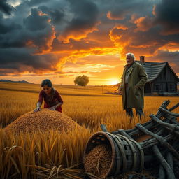 A scene depicting a woman roasting grains on a vast golden field, with a rustic farmhouse in the background representing the landlord's land