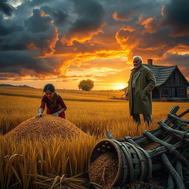 A scene depicting a woman roasting grains on a vast golden field, with a rustic farmhouse in the background representing the landlord's land