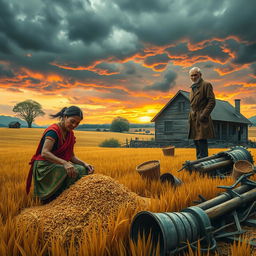A scene depicting a woman roasting grains on a vast golden field, with a rustic farmhouse in the background representing the landlord's land