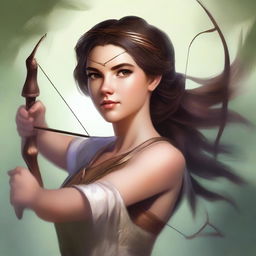 This high-quality digital art image portrays a breathtakingly beautiful goddess of archery with brown hair styled in a boy's haircut