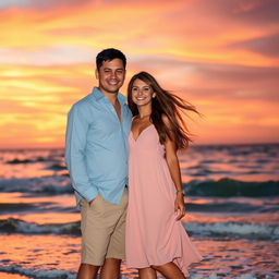 A romantic scene featuring two people at sunset on a beach
