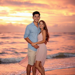 A romantic scene featuring two people at sunset on a beach
