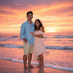 A romantic scene featuring two people at sunset on a beach