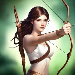 This is a high-quality digital art image that portrays a breathtakingly beautiful goddess of archery with extremely short, brown hair