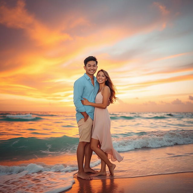 A romantic scene featuring two people at sunset on a beach