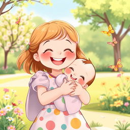 A heartwarming illustration of a little girl joyfully holding her baby cousin in her arms