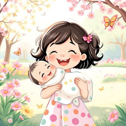 A heartwarming illustration of a little girl joyfully holding her baby cousin in her arms