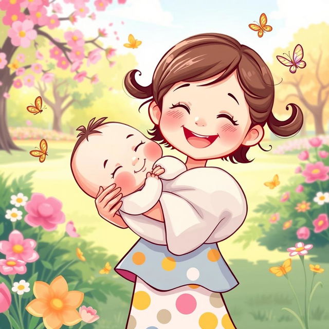 A heartwarming illustration of a little girl joyfully holding her baby cousin in her arms