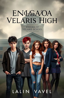 A captivating book cover for the novel titled "Enigma Of Velaris High" featuring two teenage boys and four teenage girls