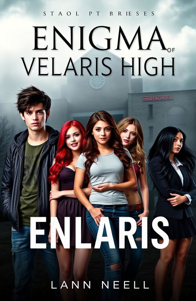 A captivating book cover for the novel titled "Enigma Of Velaris High" featuring two teenage boys and four teenage girls