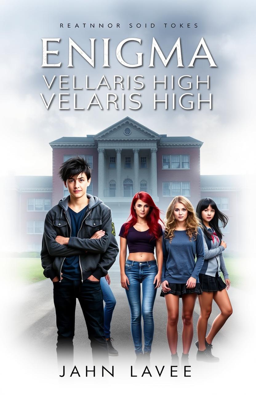 A captivating book cover for the novel titled "Enigma Of Velaris High" featuring two teenage boys and four teenage girls