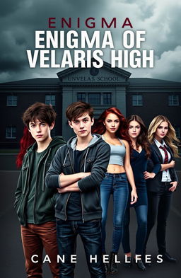 A captivating book cover for the novel titled "Enigma Of Velaris High" featuring two teenage boys and four teenage girls
