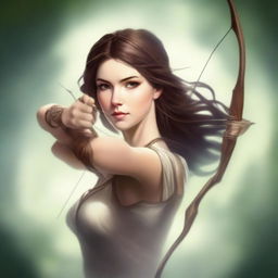 This is a high-quality digital art image that portrays a breathtakingly beautiful goddess of archery with extremely short, brown hair