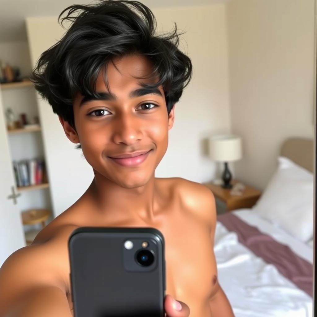 A 19-year-old South Indian boy with dark hair and warm brown skin taking a casual selfie without a shirt in a cozy room