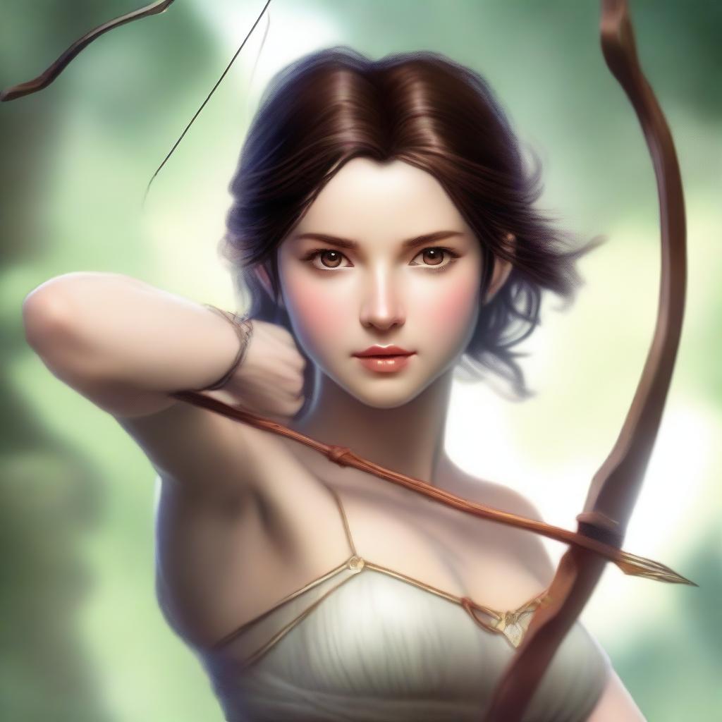 This is a high-quality digital art image that portrays a breathtakingly beautiful goddess of archery with extremely short, brown hair