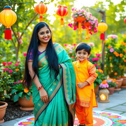 An Indian woman with long black hair wearing a colorful traditional saree, standing beside a young boy dressed in a bright kurta and pajama, both smiling joyfully in a vibrant outdoor setting filled with lush greenery and blooming flowers