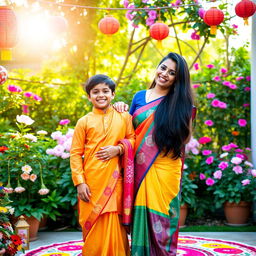 An Indian woman with long black hair wearing a colorful traditional saree, standing beside a young boy dressed in a bright kurta and pajama, both smiling joyfully in a vibrant outdoor setting filled with lush greenery and blooming flowers