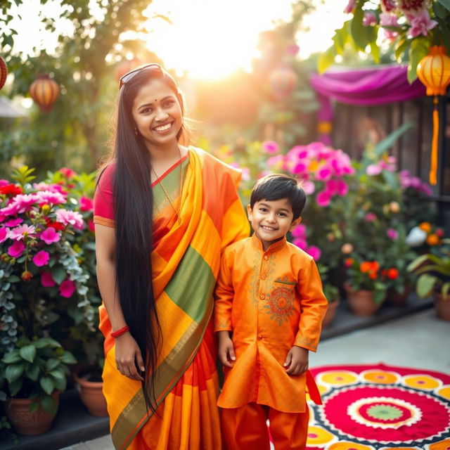 An Indian woman with long black hair wearing a colorful traditional saree, standing beside a young boy dressed in a bright kurta and pajama, both smiling joyfully in a vibrant outdoor setting filled with lush greenery and blooming flowers