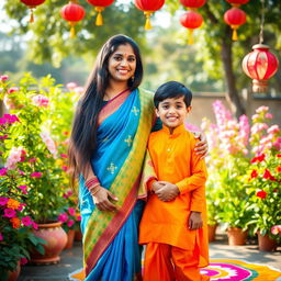 An Indian woman with long black hair wearing a colorful traditional saree, standing beside a young boy dressed in a bright kurta and pajama, both smiling joyfully in a vibrant outdoor setting filled with lush greenery and blooming flowers