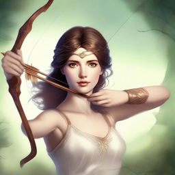 This is a high-quality digital art image that portrays a breathtakingly beautiful goddess of archery with extremely short, brown hair