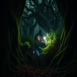 Inside a dark, mystical forest, a brave young woman cautiously navigates through thick undergrowth, holding a bright flashlight that pierces through the shadows