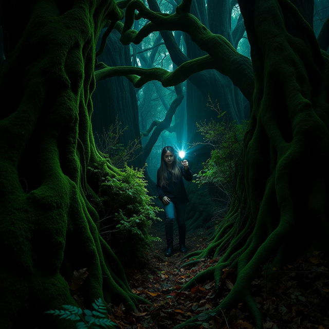 Inside a dark, mystical forest, a brave young woman cautiously navigates through thick undergrowth, holding a bright flashlight that pierces through the shadows