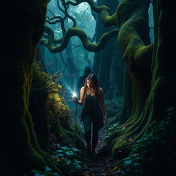 Inside a dark, mystical forest, a brave young woman cautiously navigates through thick undergrowth, holding a bright flashlight that pierces through the shadows