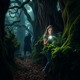 Inside a dark, mystical forest, a brave young woman cautiously navigates through thick undergrowth, holding a bright flashlight that pierces through the shadows
