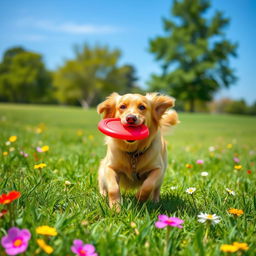 A golden retriever in a sunny park, playfully running with a bright red frisbee in its mouth, surrounded by vibrant green grass and colorful flowers