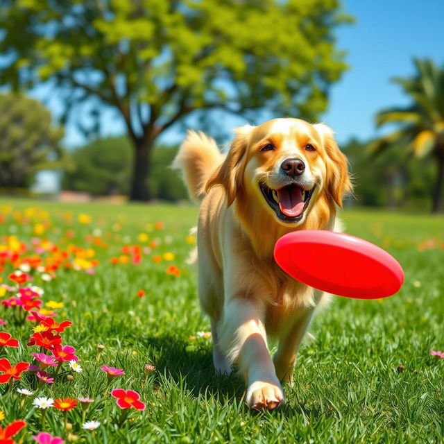 A golden retriever in a sunny park, playfully running with a bright red frisbee in its mouth, surrounded by vibrant green grass and colorful flowers
