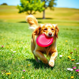A golden retriever in a sunny park, playfully running with a bright red frisbee in its mouth, surrounded by vibrant green grass and colorful flowers
