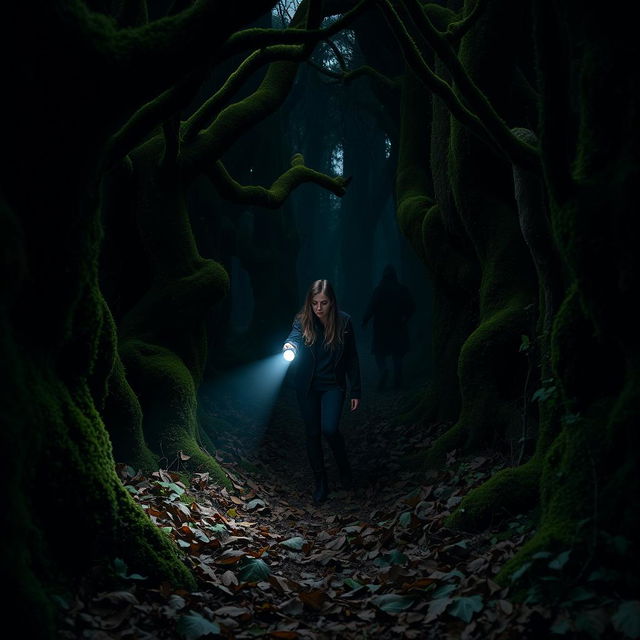 Inside a dark forest, a young woman cautiously navigates through the dense undergrowth, wielding a flashlight that casts a beam of light into the gloom