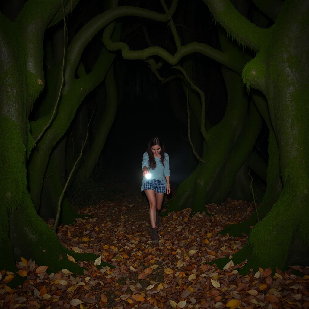 Inside a dark forest, a young woman cautiously navigates through the dense undergrowth, wielding a flashlight that casts a beam of light into the gloom