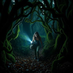 Inside a dark forest, a young woman cautiously navigates through the dense undergrowth, wielding a flashlight that casts a beam of light into the gloom