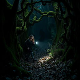 Inside a dark forest, a young woman cautiously navigates through the dense undergrowth, wielding a flashlight that casts a beam of light into the gloom