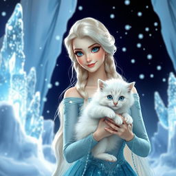 A beautiful and magical scene featuring a majestic ice princess with long platinum blonde hair, sparkling blue eyes, and wearing her iconic icy blue gown