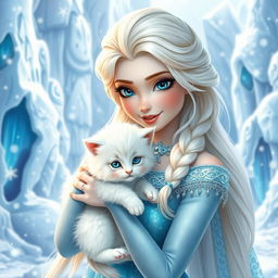 A beautiful and magical scene featuring a majestic ice princess with long platinum blonde hair, sparkling blue eyes, and wearing her iconic icy blue gown