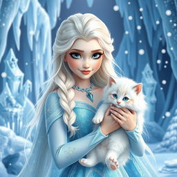 A beautiful and magical scene featuring a majestic ice princess with long platinum blonde hair, sparkling blue eyes, and wearing her iconic icy blue gown