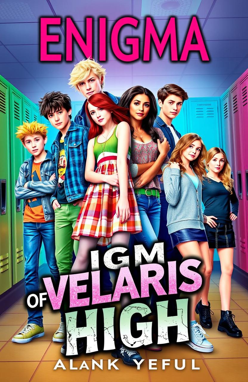 A vibrant book cover for a novel titled "Enigma Of Velaris High"