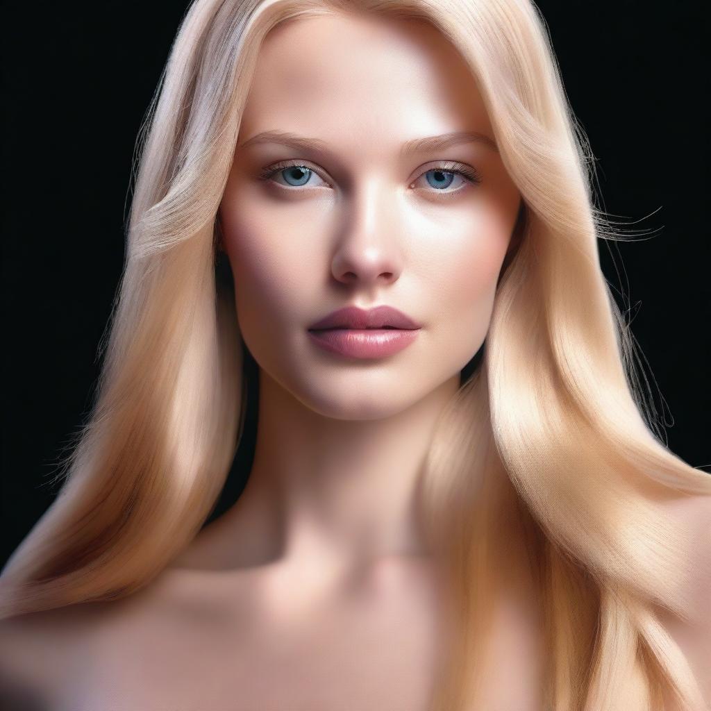 This is a high-quality, digitally rendered image of a full-bodied blonde woman with medium lips and long, straight hair