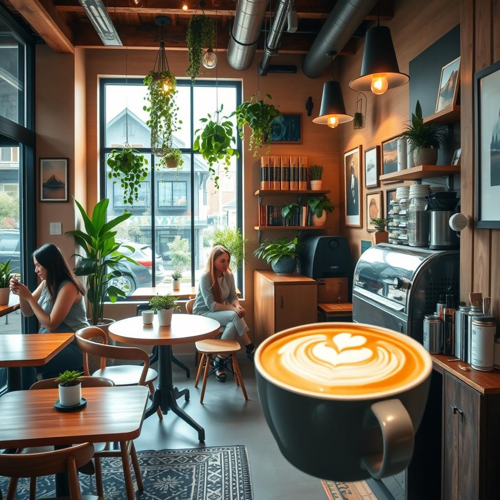 A cozy and inviting coffee shop interior, adorned with stylish wooden furniture and soft ambient lighting
