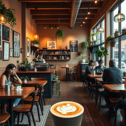 A cozy and inviting coffee shop interior, adorned with stylish wooden furniture and soft ambient lighting