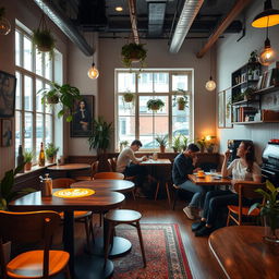 A cozy and inviting coffee shop interior, adorned with stylish wooden furniture and soft ambient lighting