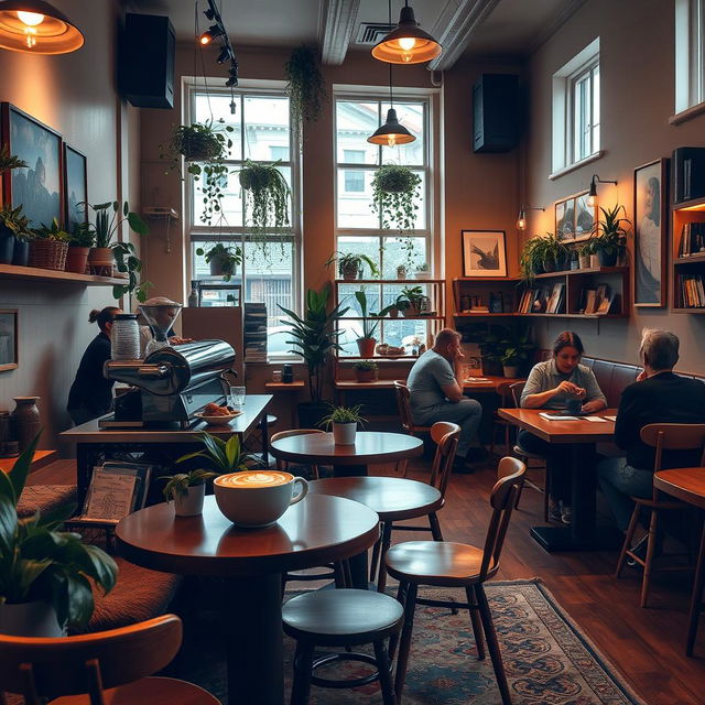 A cozy and inviting coffee shop interior, adorned with stylish wooden furniture and soft ambient lighting