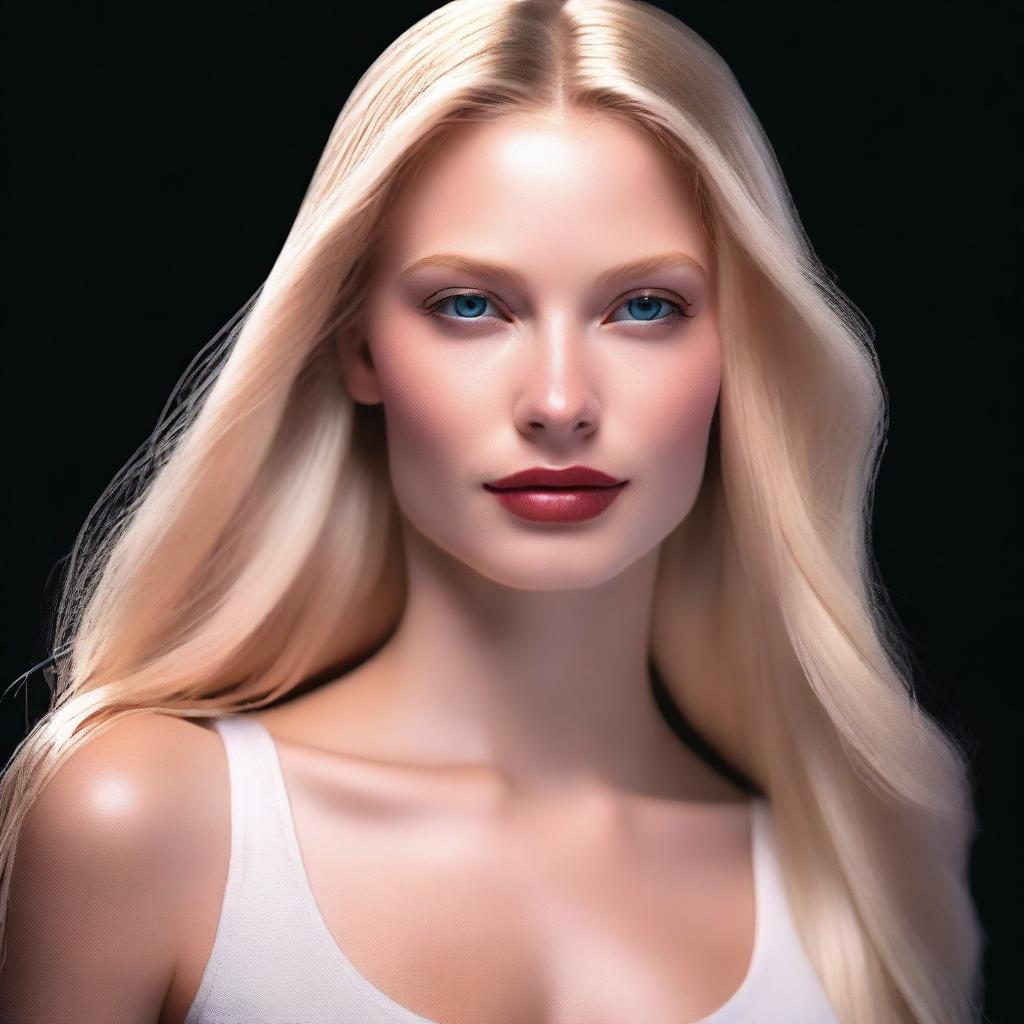 This is a high-quality, digitally rendered image of a full-bodied blonde woman with medium lips and long, straight hair